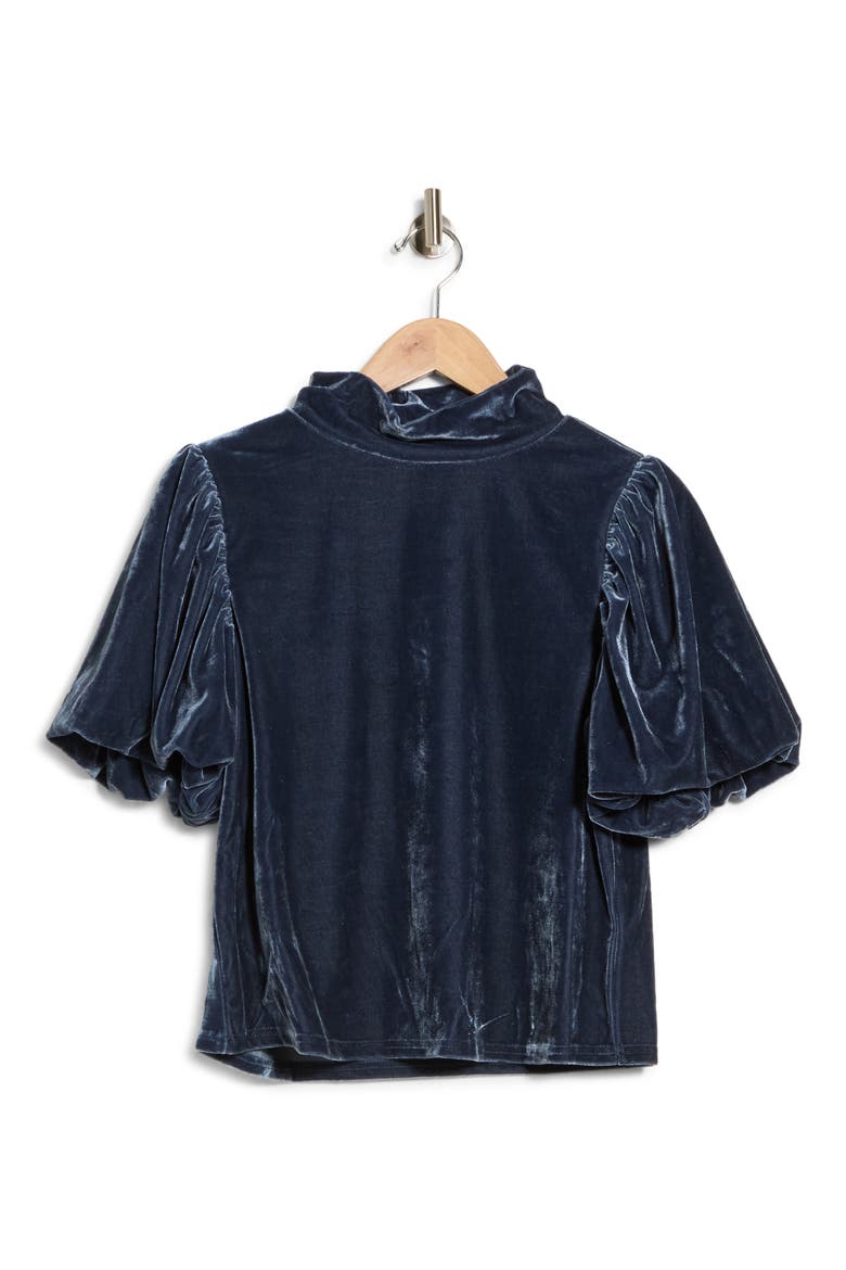 Velvet Mock Neck Puff Sleeve Top, Main, color, DARK BLUE