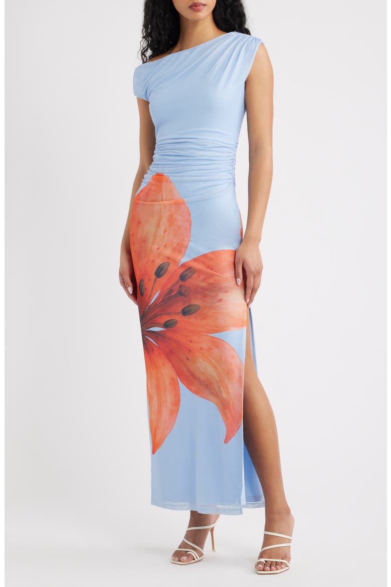 Avah Placed Floral One-Shoulder Mesh Maxi Dress, Main, color, BLUE/ ORANGE
