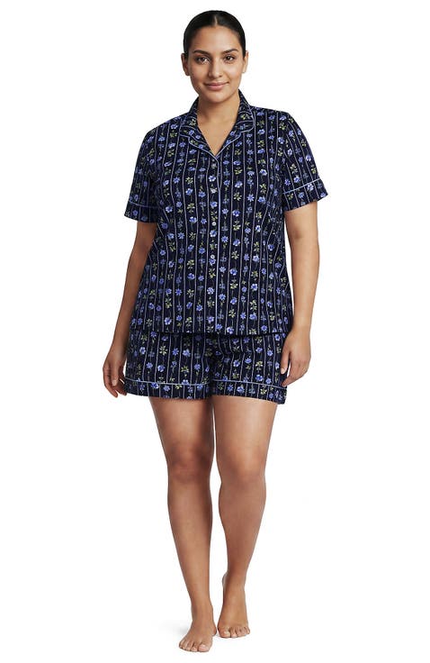 Plus Size Cotton Poplin 2 Piece Pajama Set - Short Sleeve Top and Shorts
