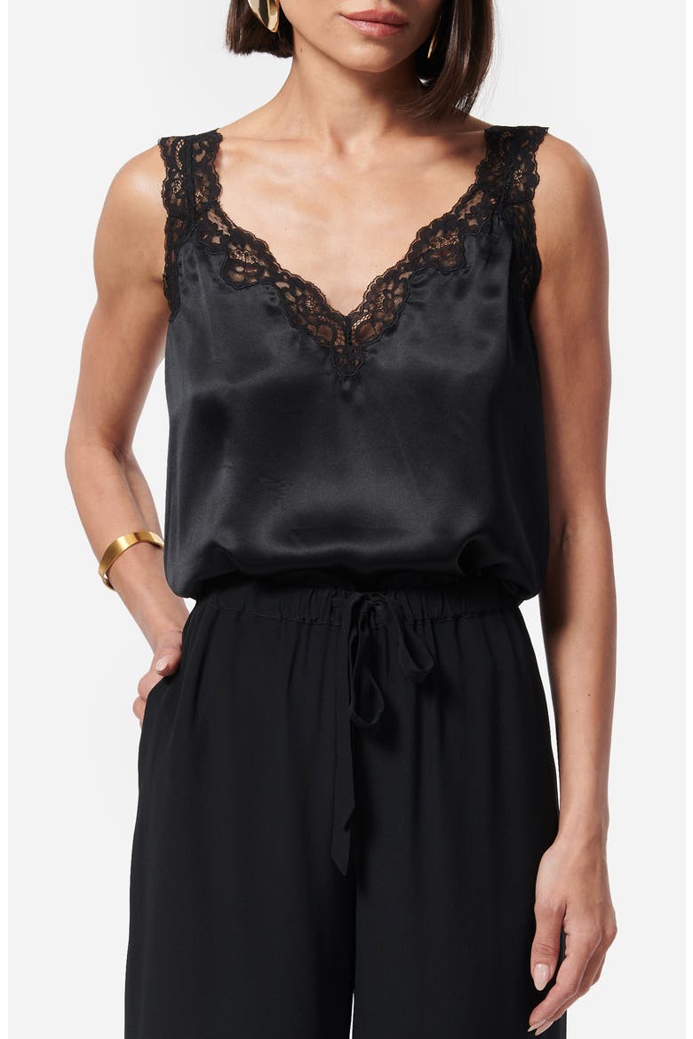 Fernanda Lace Trim Silk Charmeuse Tank, Main, color, BLACK