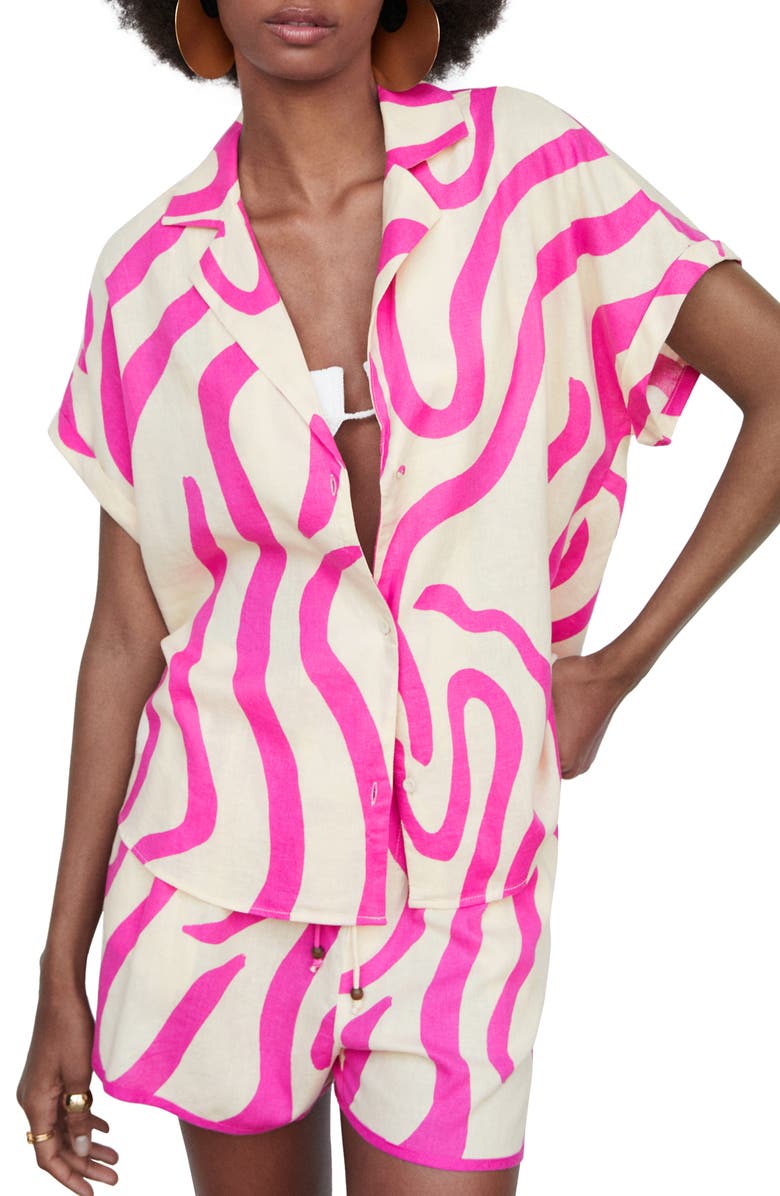 MANGO Print Linen Blend Camp Shirt, Main, color, 