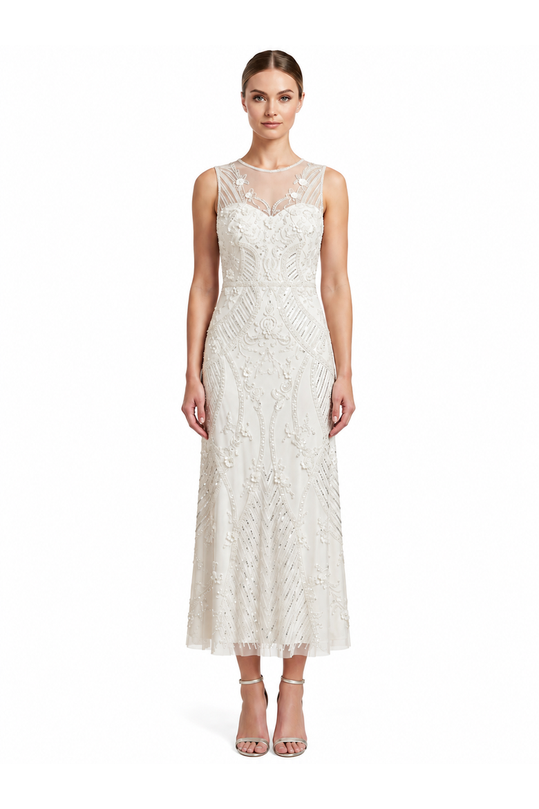 Lara Beaded A-Line Midi Dress with Illusion Neckline, Main, color, Ivory