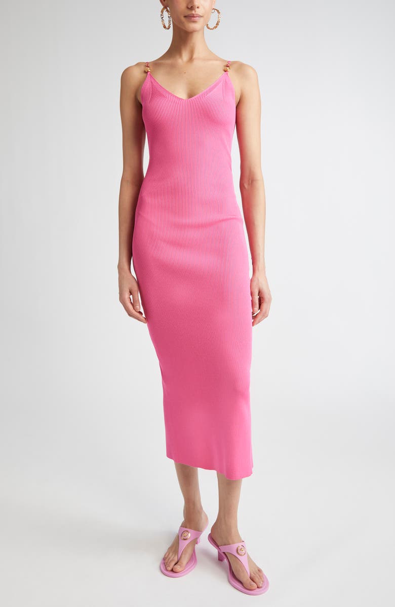 Versace Safety Pin Rib Knit Midi Dress, Main, color, Dragon Fruit