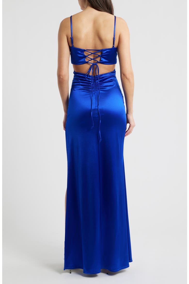 Ruched Sleeveless Satin Gown, Alternate, color, COBALT