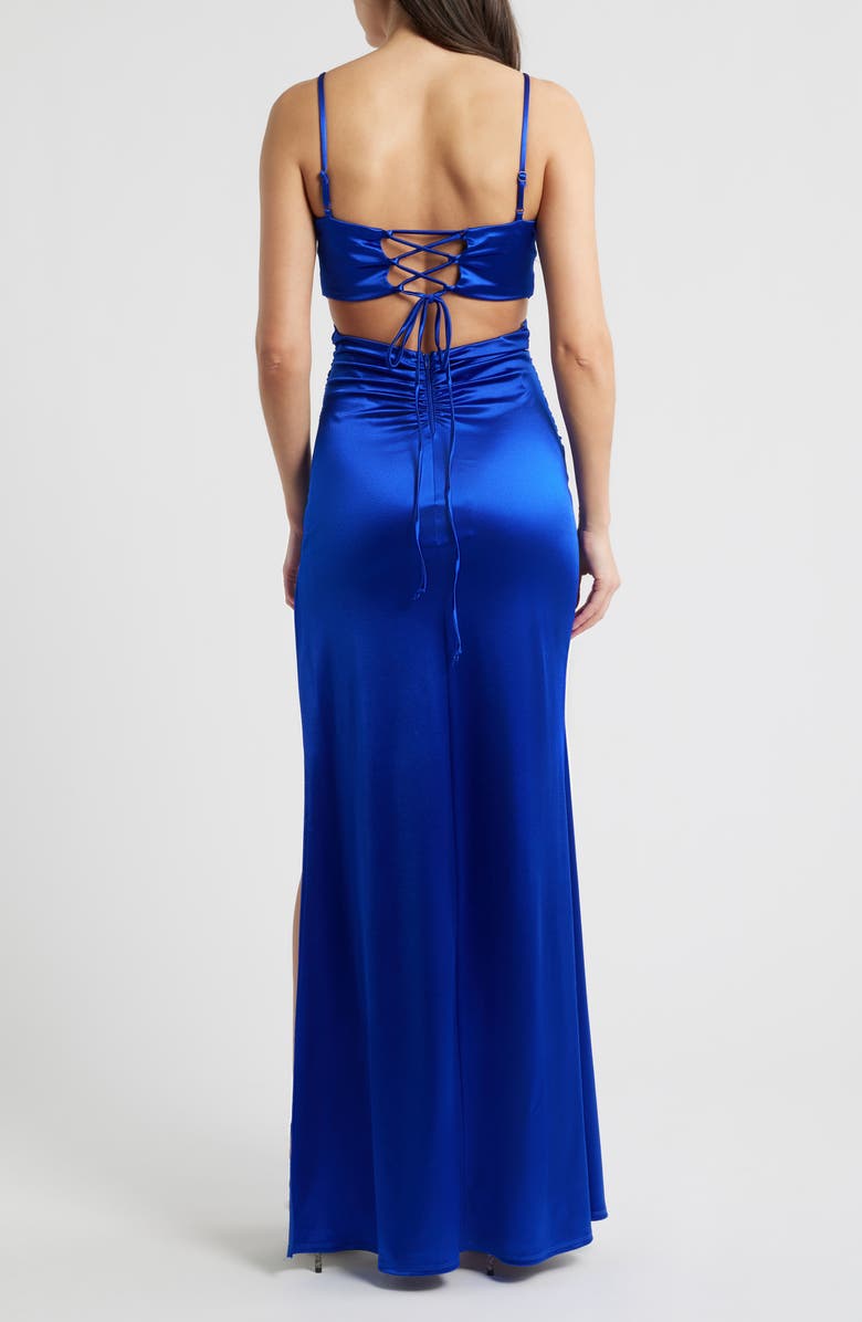 Emerald Sundae Ruched Sleeveless Satin Gown, Alternate, color, Cobalt