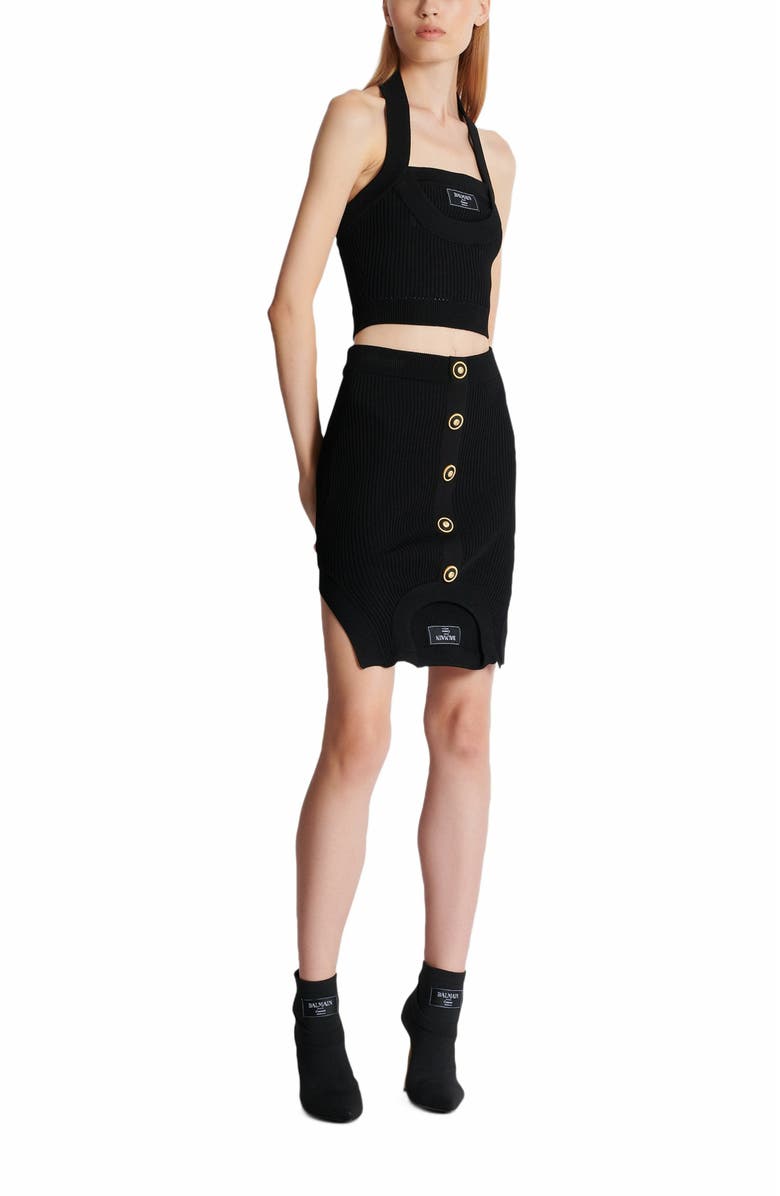 Balmain Short Optical Illusion Ribbed Knit Skirt, Alternate, color, 
