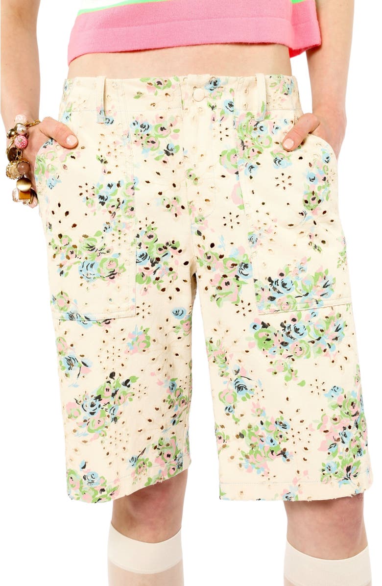 Anna Sui Rosies Posies Eyelet Bermuda Shorts, Alternate, color, Baby Blue