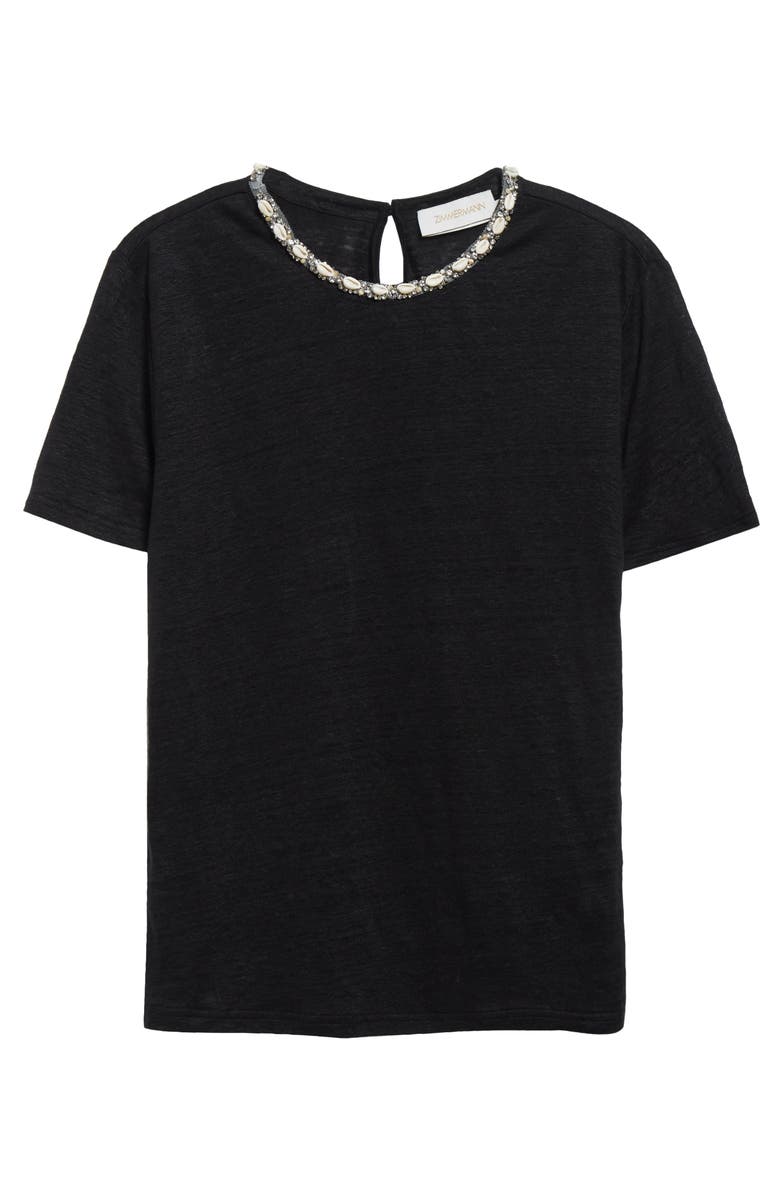 Zimmermann Crystal & Shell Embellished Linen T-Shirt, Alternate, color, Black