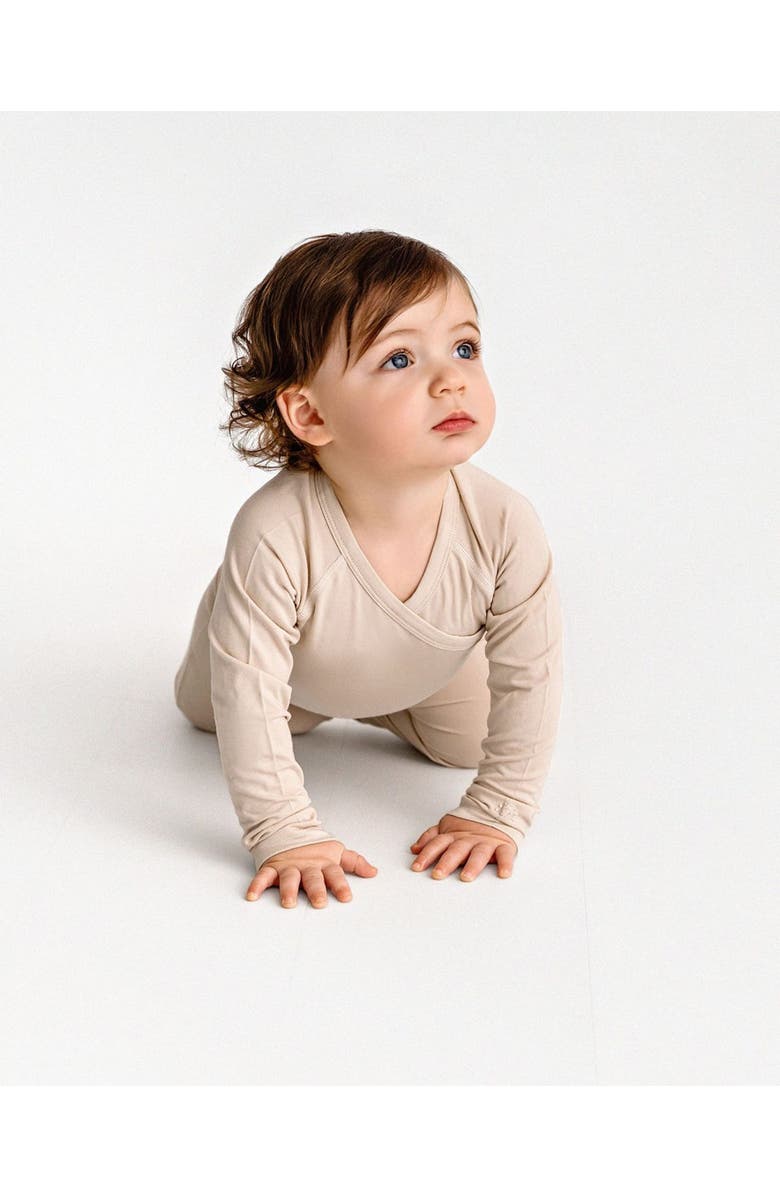 MiniMoi Kids Crossover-Neckline Stretch Modal Footie, Alternate, color, Latte