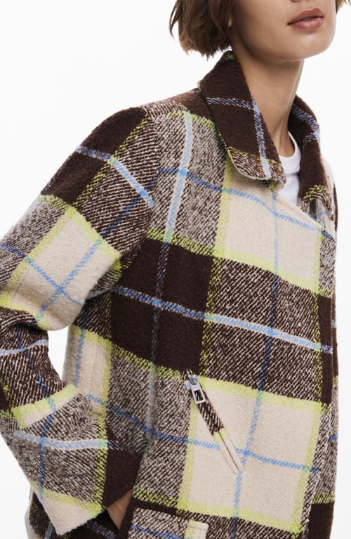 Desigual Check Plaid Short Overcoat In Brown