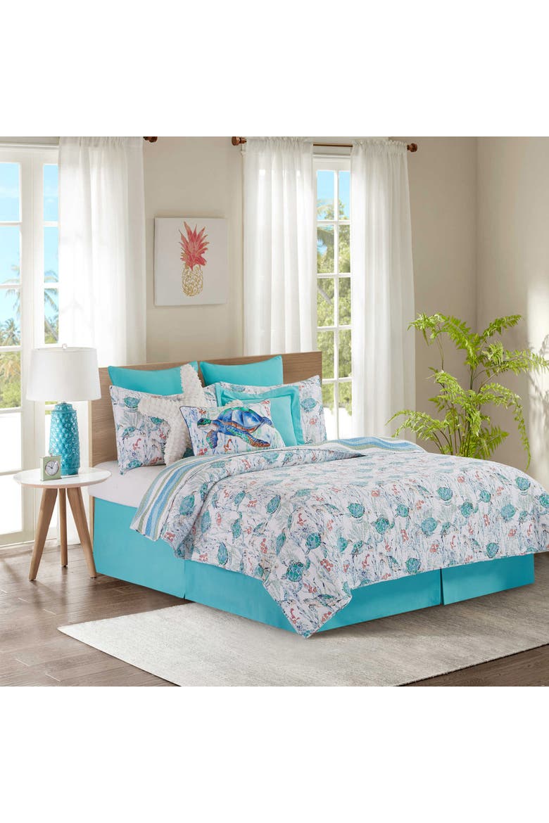 Sea Turtle Cove Cotton Quilt Set  - Reversible and Machine Washable, Main, color, Blue