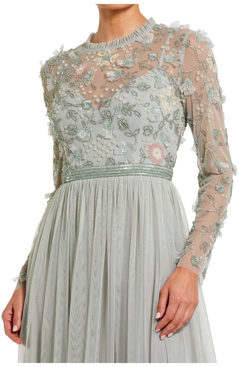 Mac Duggal Embellished Illusion High Neck Long Sleeve Gown, Alternate, color, Sage