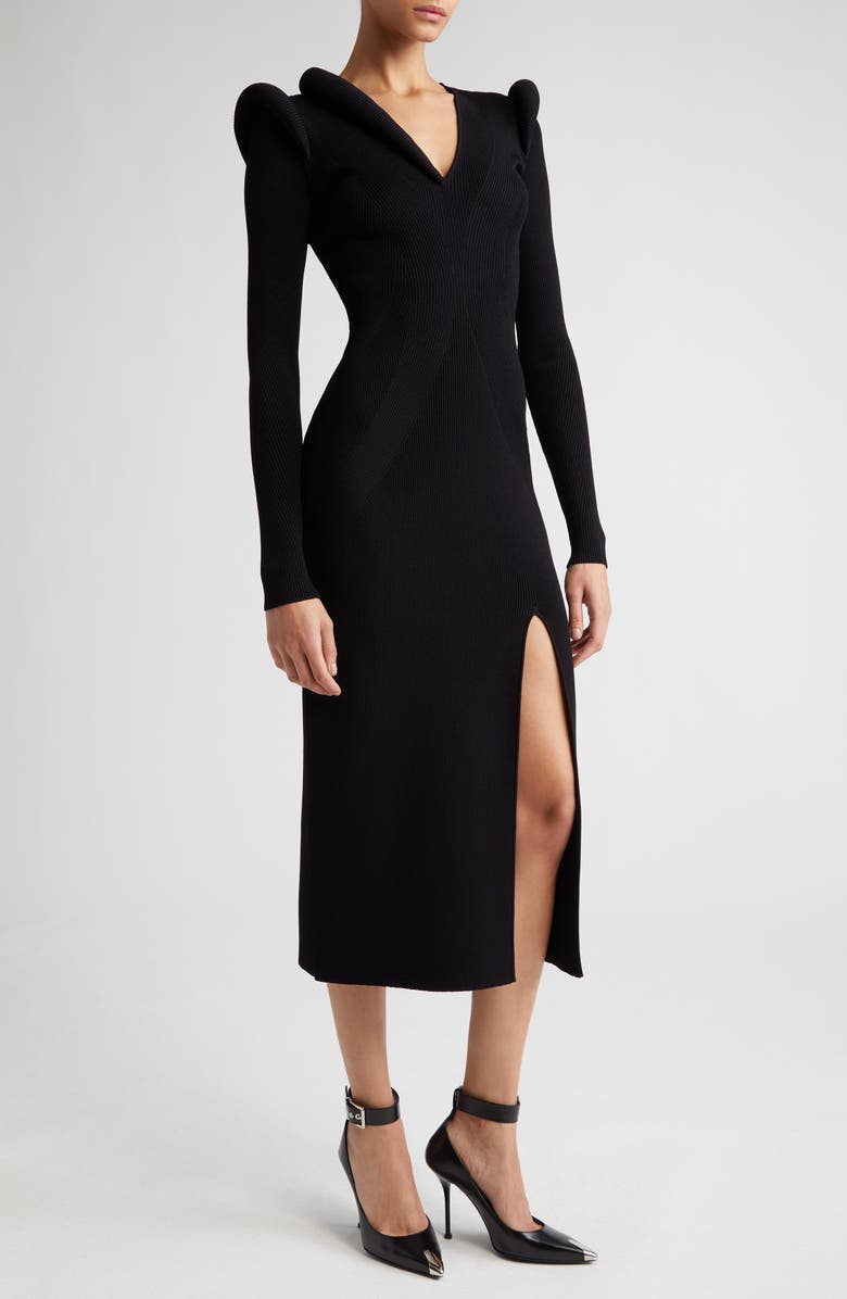 McQueen Padded Shoulder Rib Long Sleeve Midi Dress, Alternate, color, 