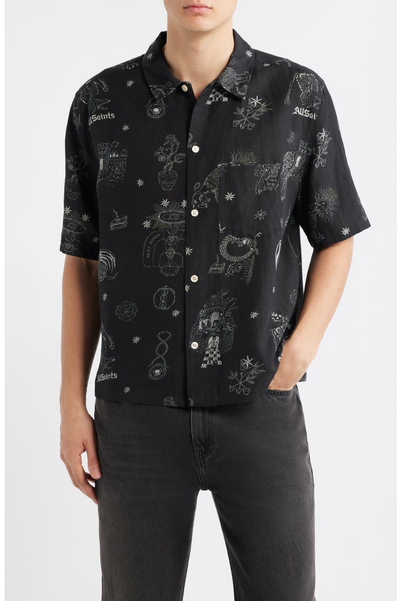 Terra Print Short Sleeve Button-Up Shirt, Main, color, JET BLACK