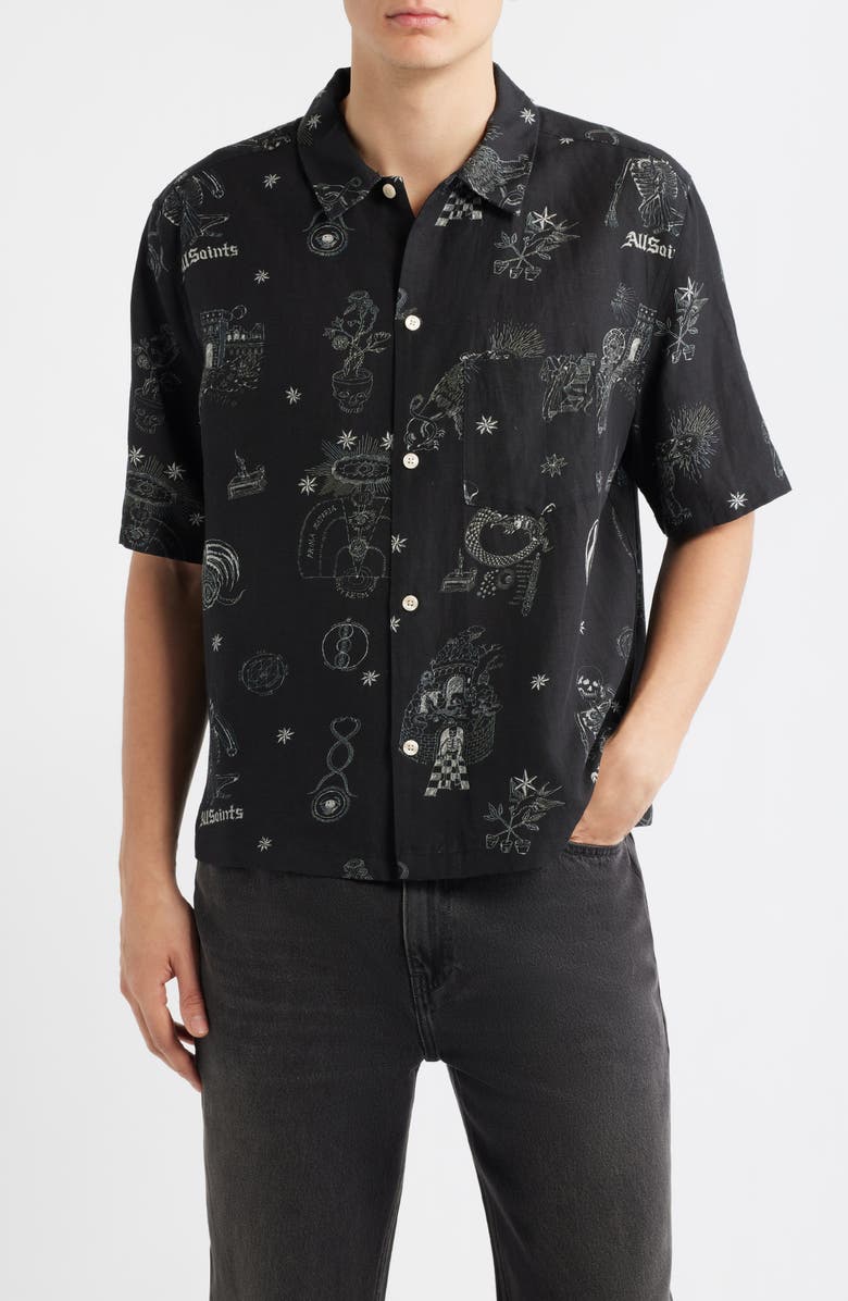 AllSaints Terra Print Short Sleeve Button-Up Shirt, Main, color, Jet Black