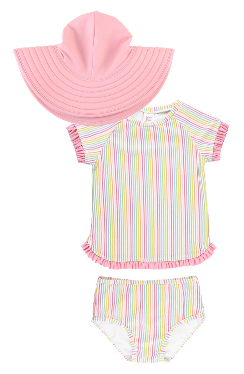 RuffleButts Rainbow Stripe Two-Piece Rashguard Swimsuit & Sun Hat Set, Main, color, 
