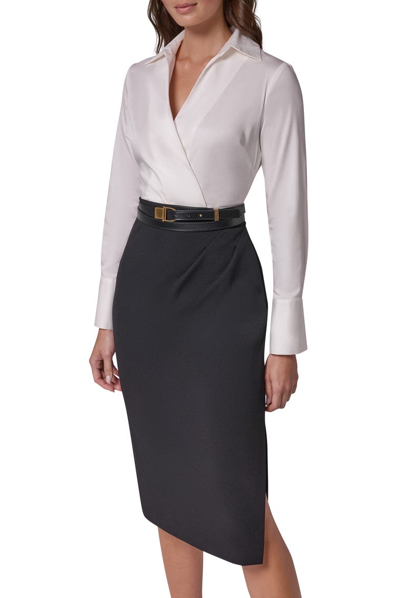 Mixed Media Long Sleeve Shirtdress, Alternate, color, CREAM/ BLACK