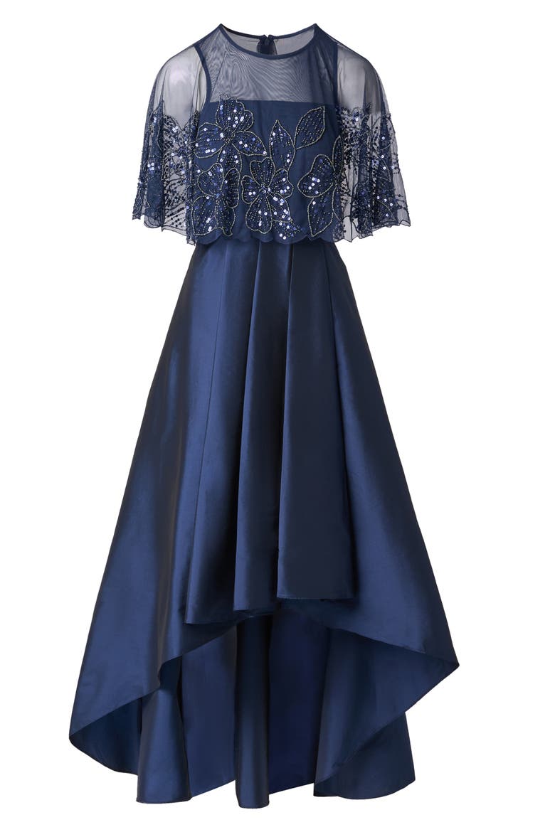 Beaded Cape Taffeta Gown, Alternate, color, LIGHT NAVY