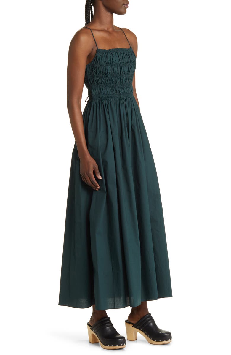 MOON RIVER Smocked Tie Back Midi Dress, Alternate, color, Dark Green