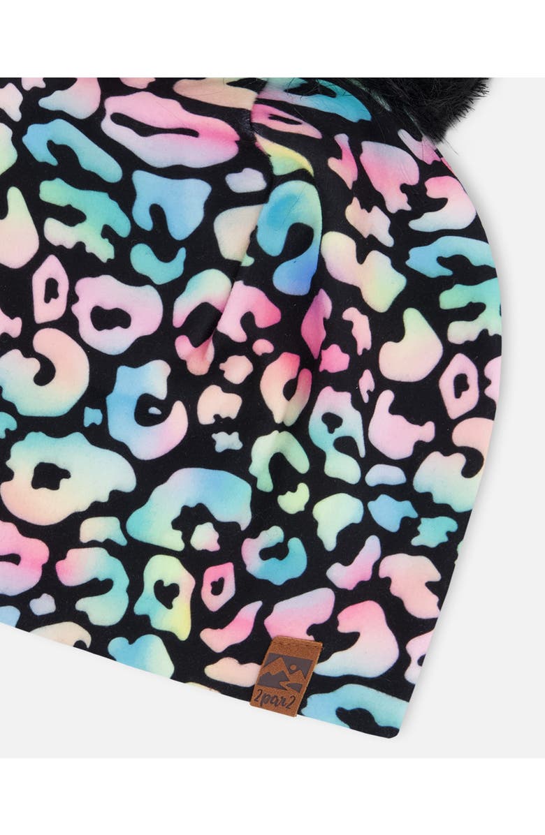 Deux par Deux Stretch Jersey Hat Animal Print with Pompom, Alternate, color, Black Animal Print