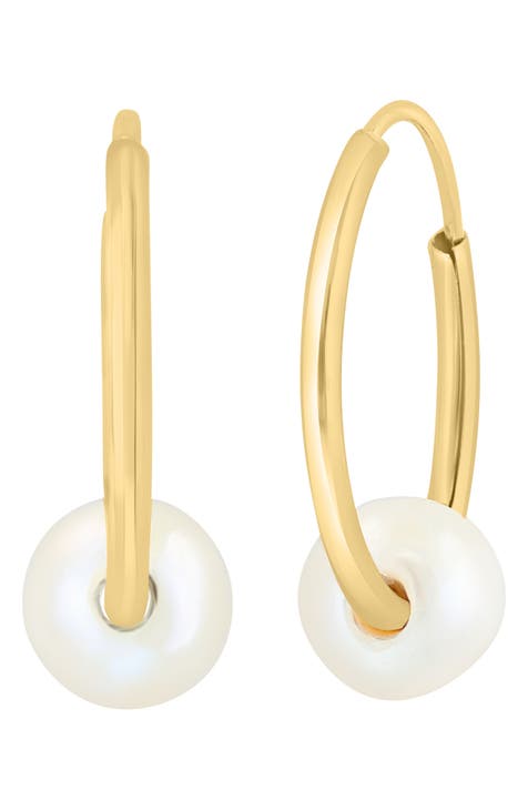 14K Gold 5mm Freshwater Pearl Hoop Earrings