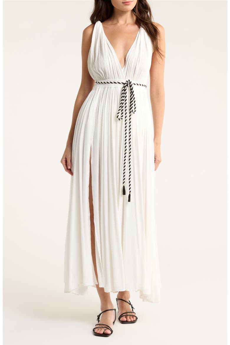 Plunge Tie Belt Maxi Cover-Up Dress, Main, color, WHITE