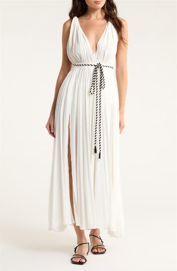 Elan Women's Plunge Tie Belt Maxi Cover-Up Dress - Natural - Maxi Dresses
