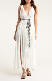 Elan Plunge Tie Belt Maxi Cover-Up Dress