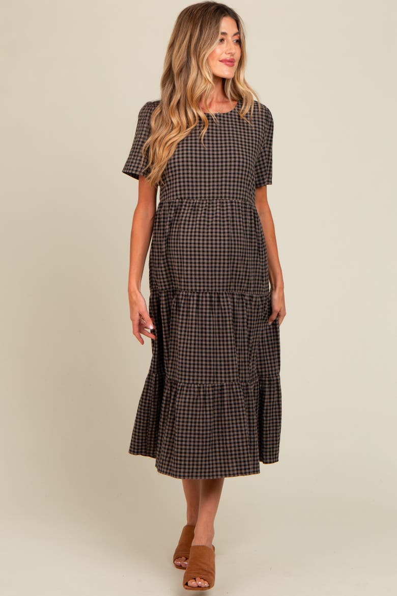 Gingham Tiered Midi Dress, Alternate, color, Black