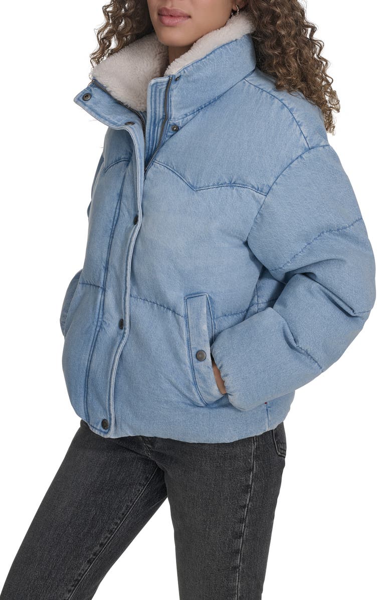 Levi's Western Denim Faux Shearling Collar Puffer Jacket, Alternate, color, Light Wash Denim
