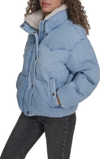 Western Denim Faux Shearling Collar Puffer Jacket