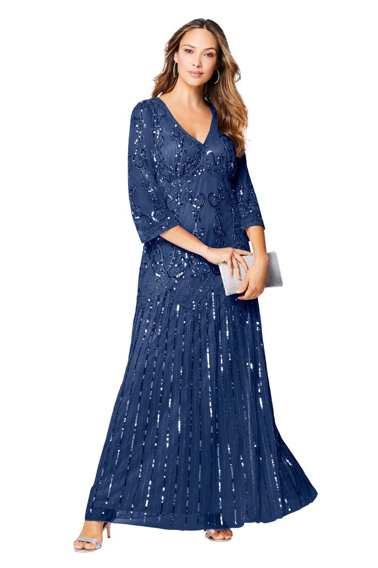Plus Size Beaded V Neck 3/4 Sleeve Sleeve Maxi Gown, Main, color, EVENING BLUE