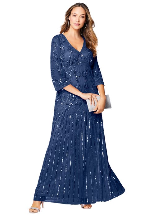 Plus Size Beaded V-Neck 3/4 Sleeve Sleeve Maxi Gown (Plus)