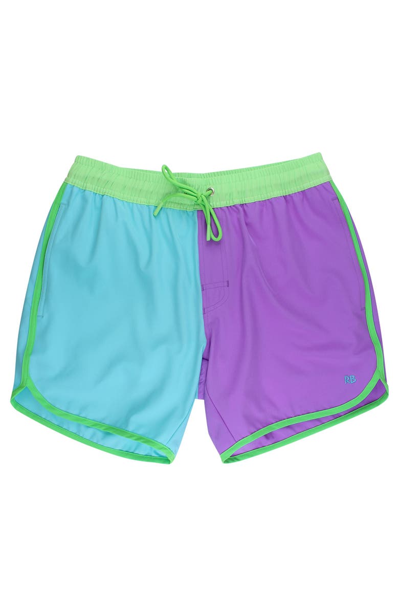 RuggedButts UPF50+ Sun Protected Men's Stretch Dolphin Hem Swim Trunks, Main, color, Neon Bright Aqua Color Block