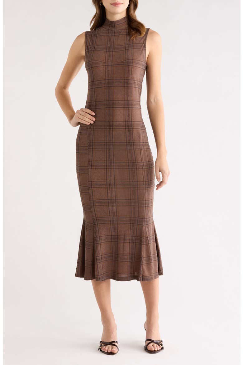 Leigha Plaid Mock Neck Midi Dress, Main, color, BROWN PLAID