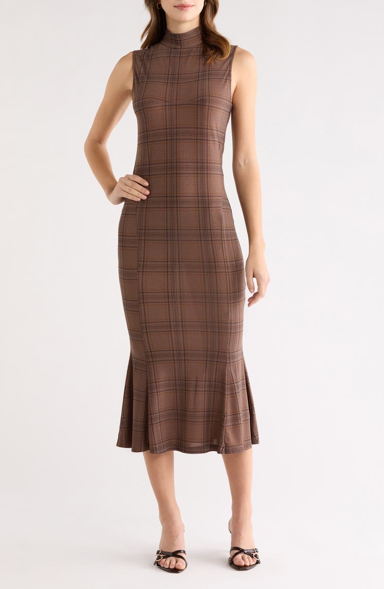 ASTR the Label Leigha Plaid Mock Neck Midi Dress, Main, color, Brown Plaid