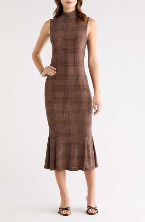Leigha Plaid Mock Neck Midi Dress