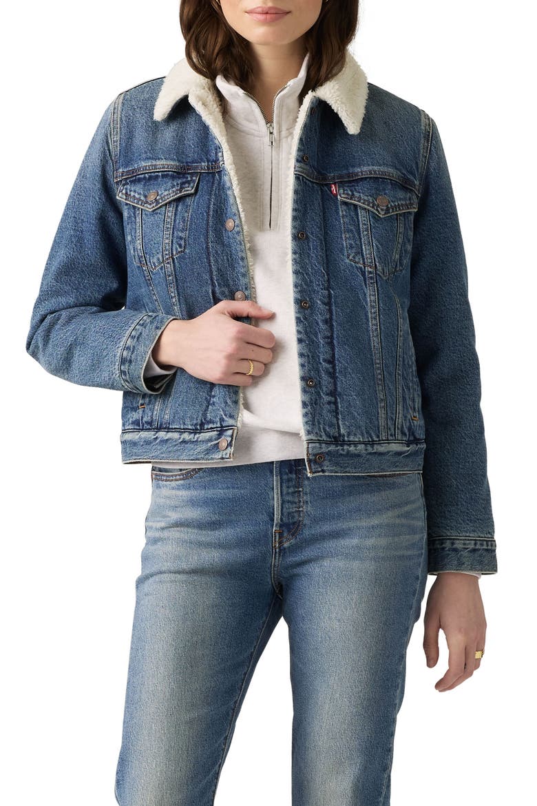 Original Faux Shearling Lined Denim Trucker Jacket, Main, color, HOLD A CANDLE