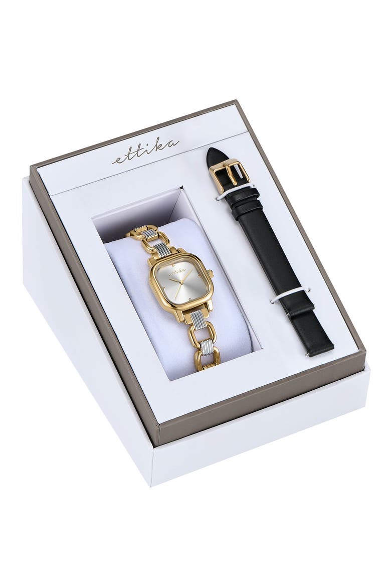 Classic Square Bracelet Watch & Leather Strap Set, Alternate, color, BLACK