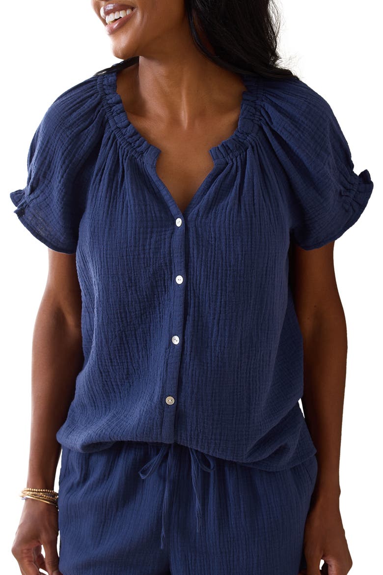 Coral Isle Cotton Button-Up Top, Main, color, ISLAND NAVY