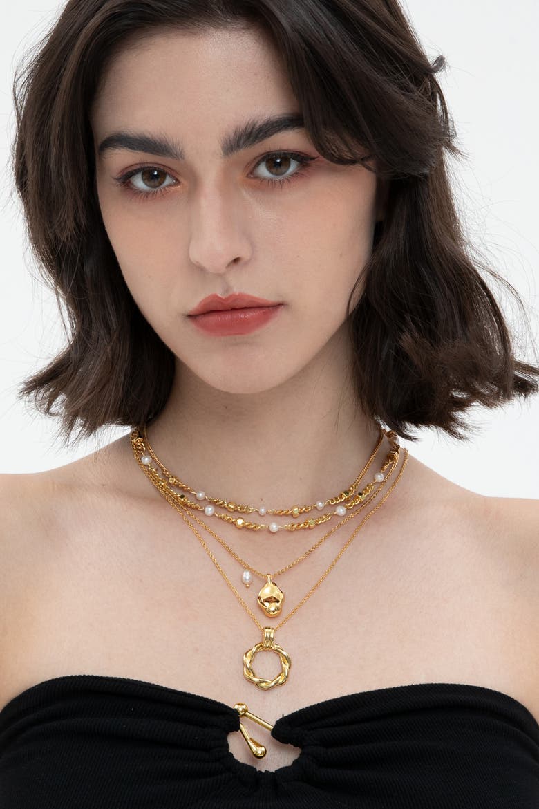 Hexagon Bead Necklace With Freshwater Pearls, Alternate, color, Gold