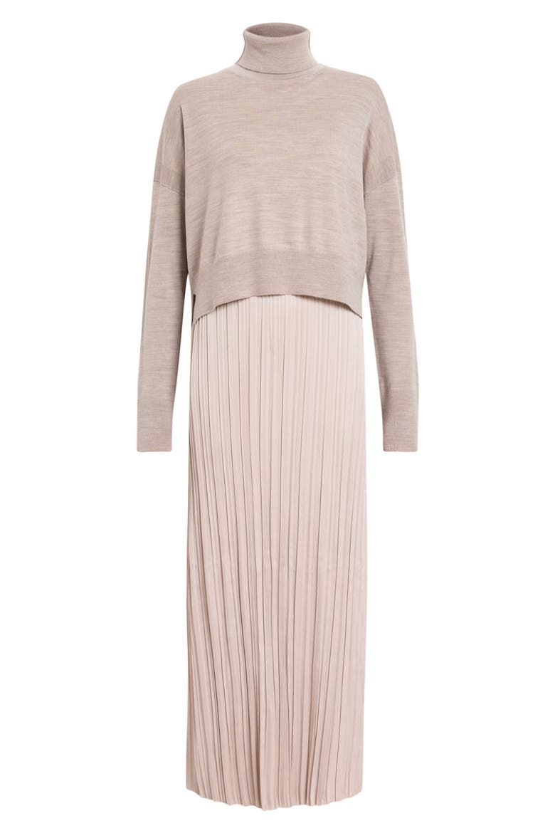 Vittoria Merino Wool High-Low Sweater & Micropleat Midi Dress Set, Alternate, color, FAWN BROWN