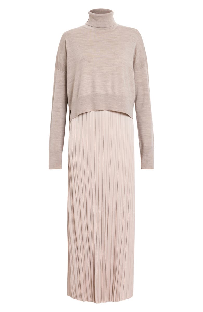 AllSaints Vittoria Merino Wool High-Low Sweater & Micropleat Midi Dress Set, Alternate, color, Fawn Brown
