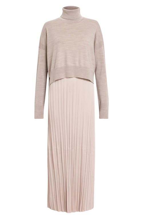 Allsaints Vittoria Merino Wool High-low Sweater & Micropleat Midi Dress Set In Fawn Brown
