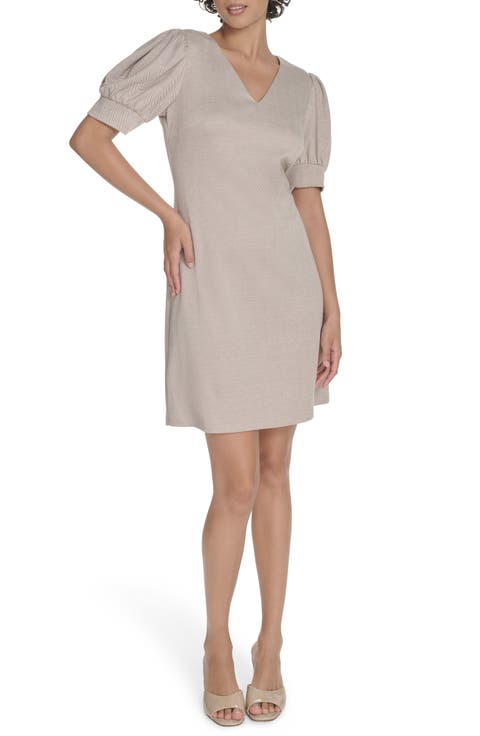 Herringbone Puff Sleeve Shift Dress