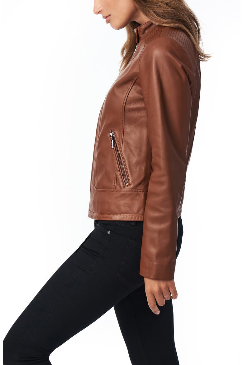 Stitch Detail Sheepskin Leather Racer Jacket, Alternate, color, BROWN SUGAR