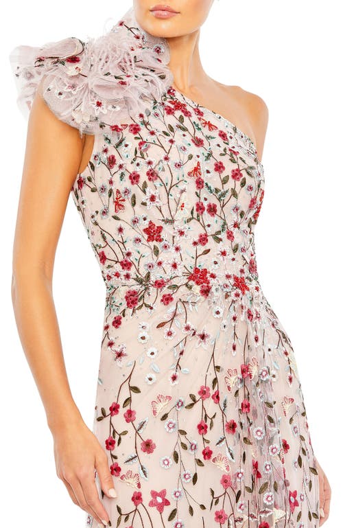 Mac Duggal Embellished Ruffled One Shoulder A Line Gown In Rose Multi
