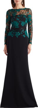 Tadashi Shoji Floral Lace Embroidery Long Sleeve Gown