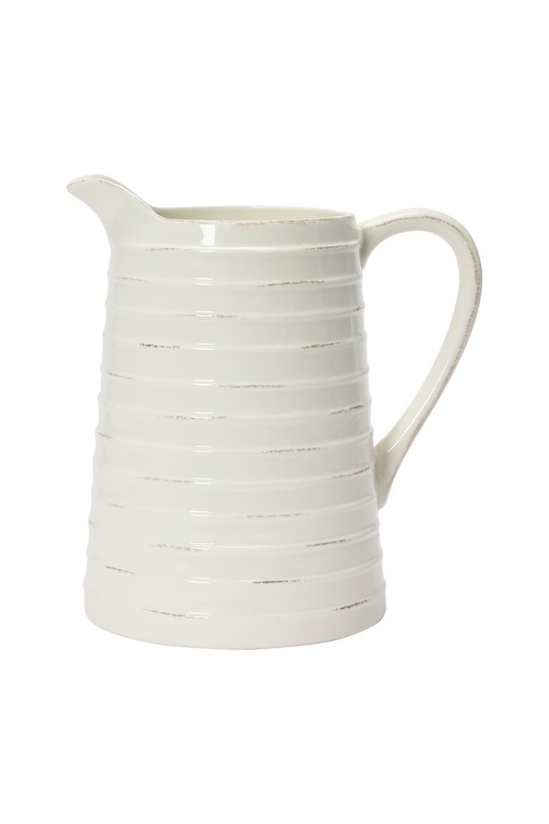 Farmhouse Embossed Stripe Ceramic Pitcher, Distressed White, Alternate, color, White