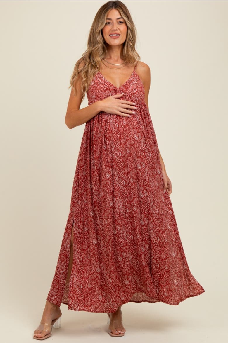 Paisley Print Sleeveless Side Slit Maxi Dress, Alternate, color, Rust